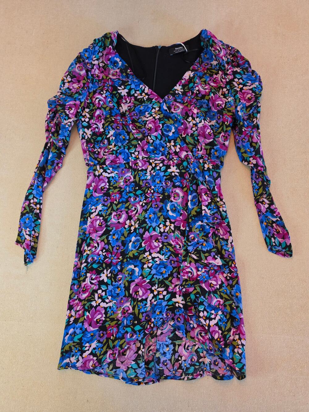 Bershka Floral Print Long-Sleeve Mini Dress Blue Purple Pink Sz Small NWT